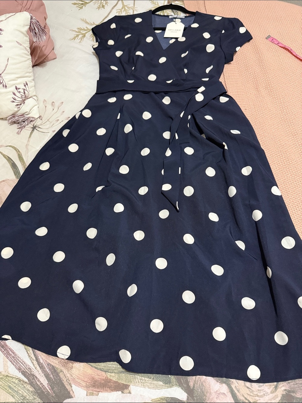 Navy Polka Dot Midi Wrap Dress with Self-Tie Waist